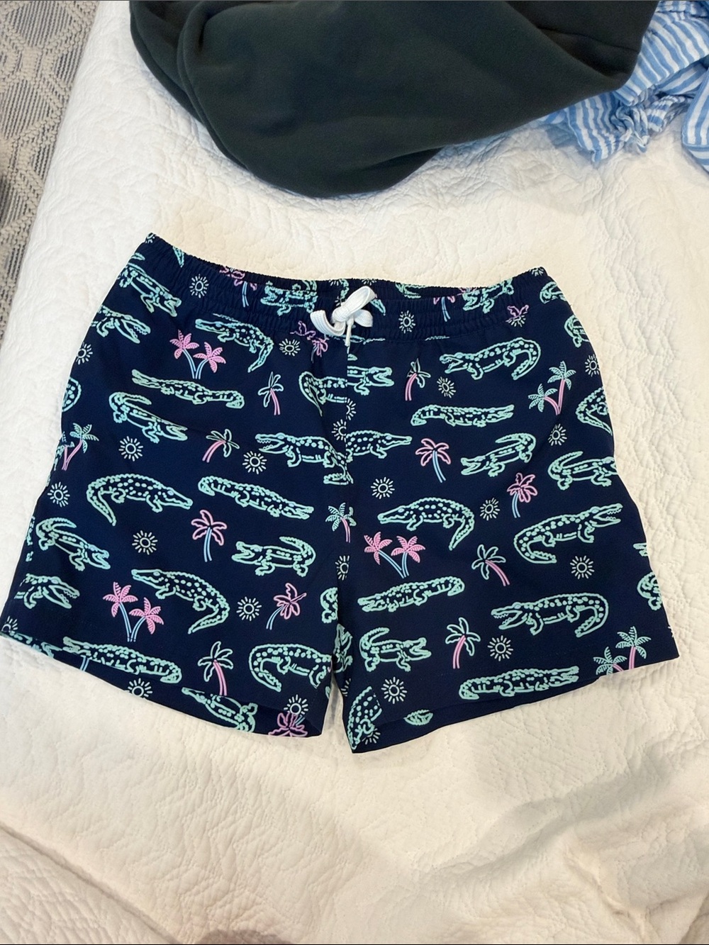 chubbies Kids Swim Trunks Navy with Mint and Pink Alligator Print